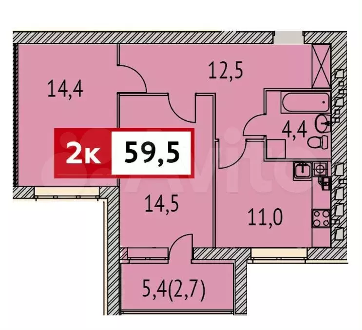 2-к. квартира, 59,5м, 1/9эт. - Фото 0