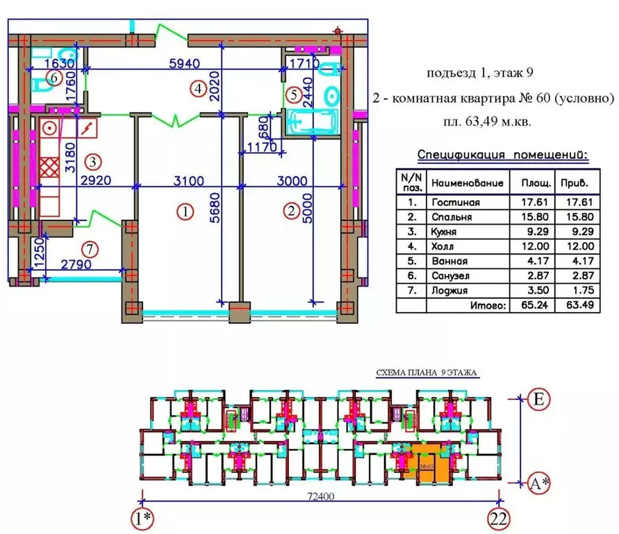 2-к кв. Северная Осетия, Владикавказ Весенняя ул. (63.49 м) - Фото 1