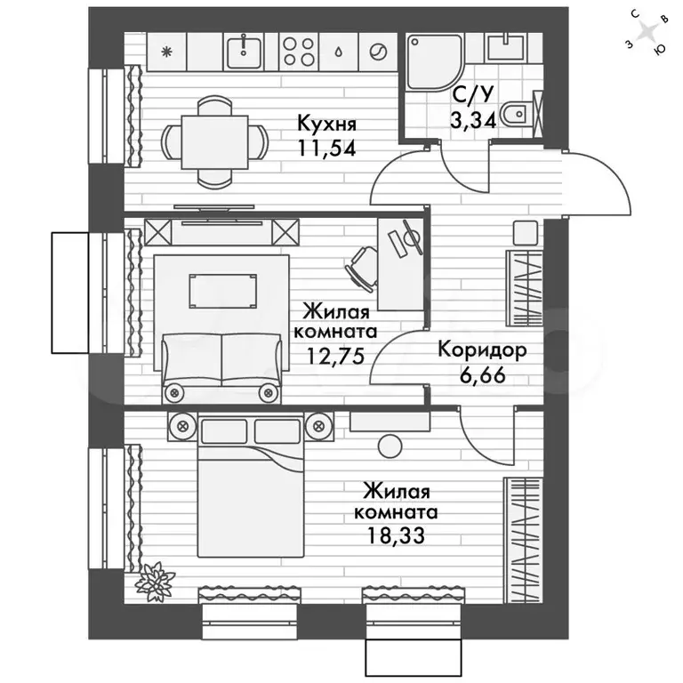 2-к. квартира, 52,6 м, 4/4 эт. - Фото 0