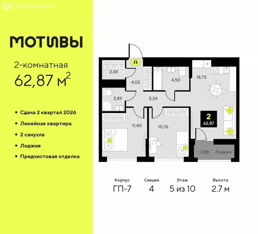 2-комнатная квартира: Тюмень, жилой комплекс Мотивы (62.87 м) - Фото 0