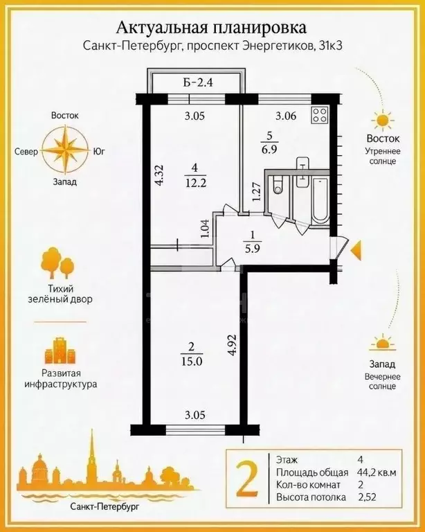 2-к кв. Санкт-Петербург просп. Энергетиков, 31К3 (44.2 м) - Фото 2