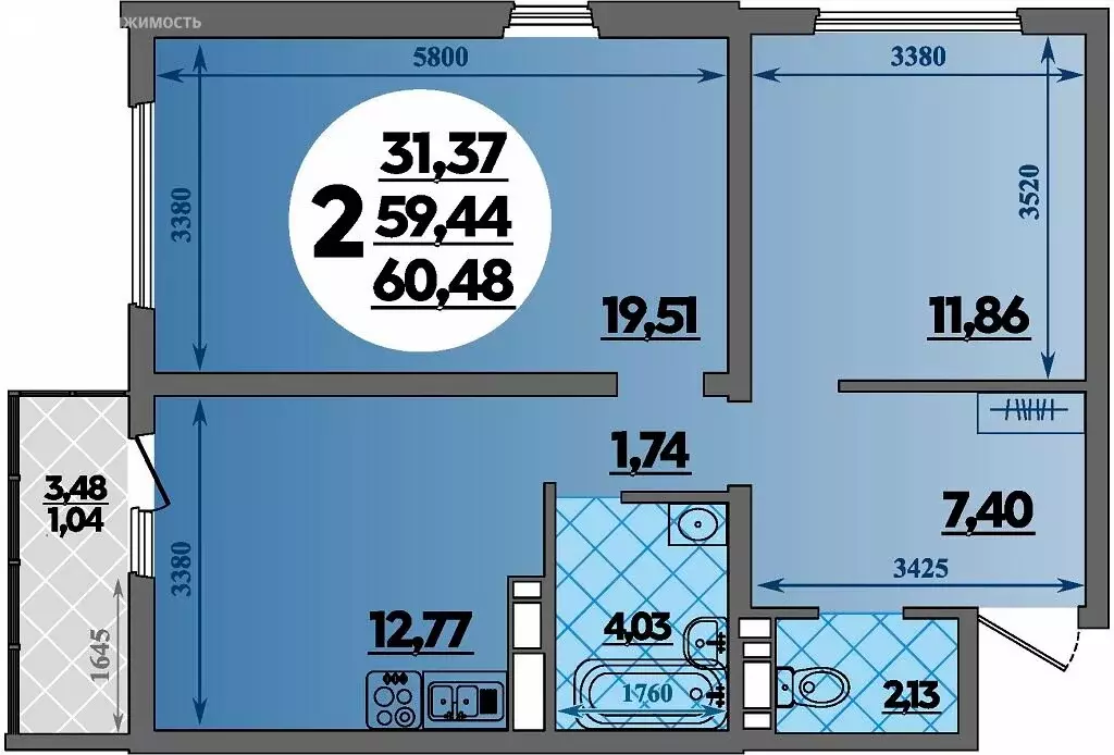 2-комнатная квартира: Республика Адыгея (Адыгея), Майкоп (60.48 м) - Фото 1