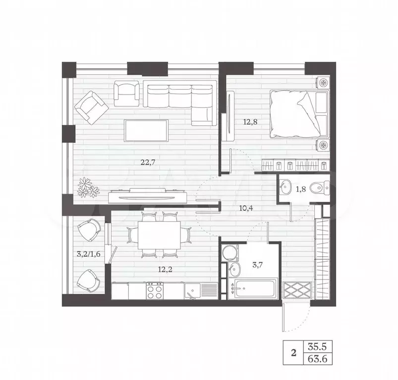 2-к. квартира, 63,6 м, 5/8 эт. - Фото 0