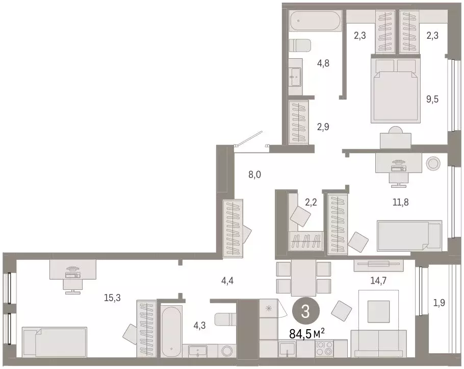 3-комнатная квартира: Тюмень, улица Республики, 205к1 (84.5 м) - Фото 2