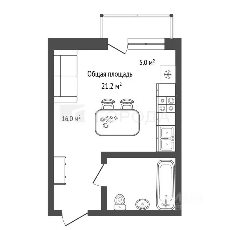 Студия Новосибирская область, Новосибирск Закаменский мкр, 12 (21.0 м) - Фото 2