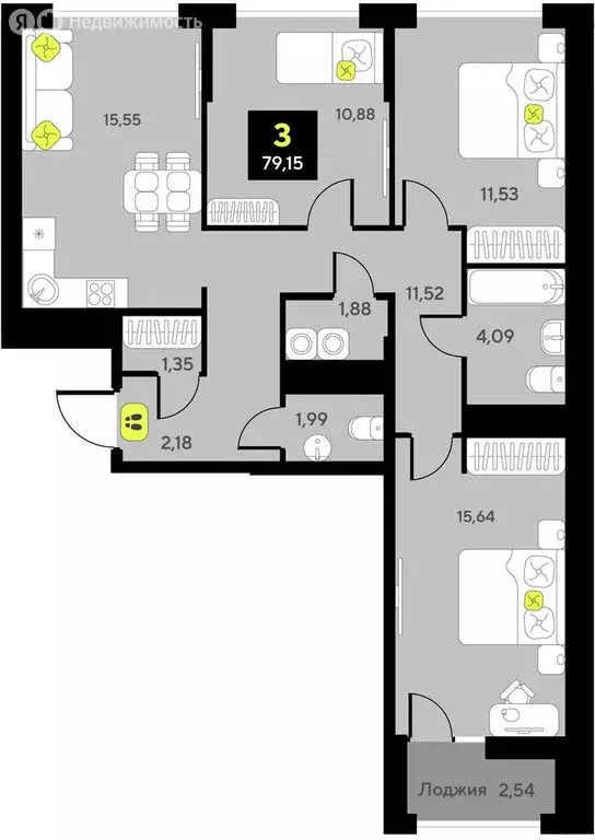 3-комнатная квартира: Тюмень, жилой комплекс Мотивы (79.15 м) - Фото 1