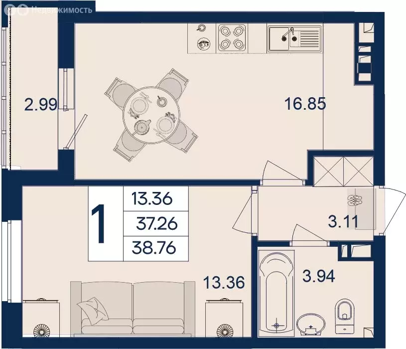 1-комнатная квартира: Краснодар (38.76 м) - Фото 0