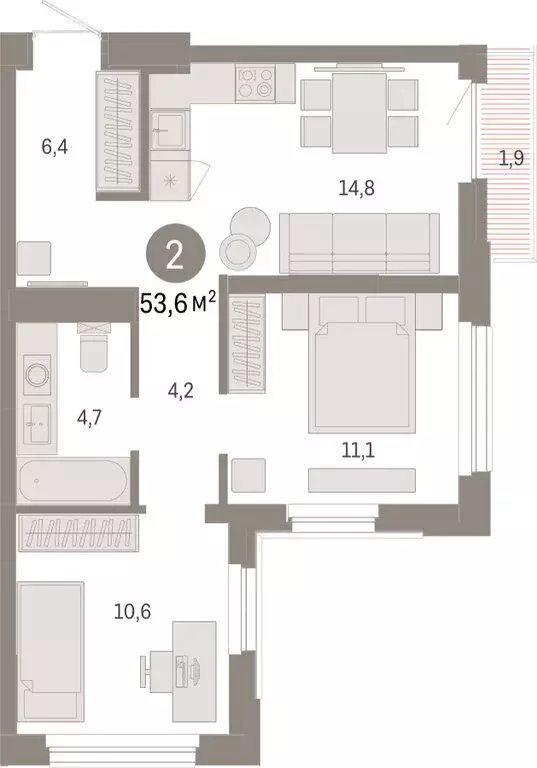 2-комнатная квартира: Тюмень, жилой комплекс Зарека (53.6 м) - Фото 1