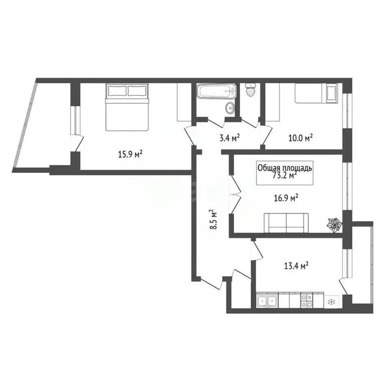 3-к кв. Новосибирская область, Новосибирск ул. Забалуева, 55 (73.2 м) - Фото 1