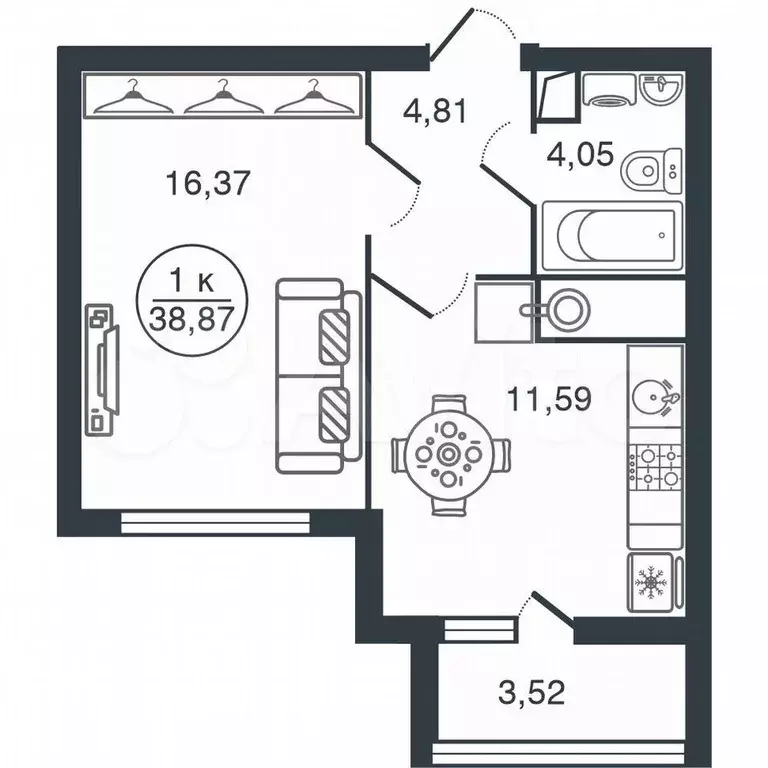 1-к. квартира, 38,9 м, 15/15 эт. - Фото 1