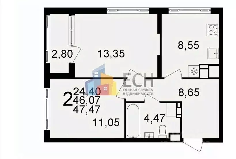 2-к кв. Тульская область, Тула Веневское ш., 51 (47.47 м) - Фото 1