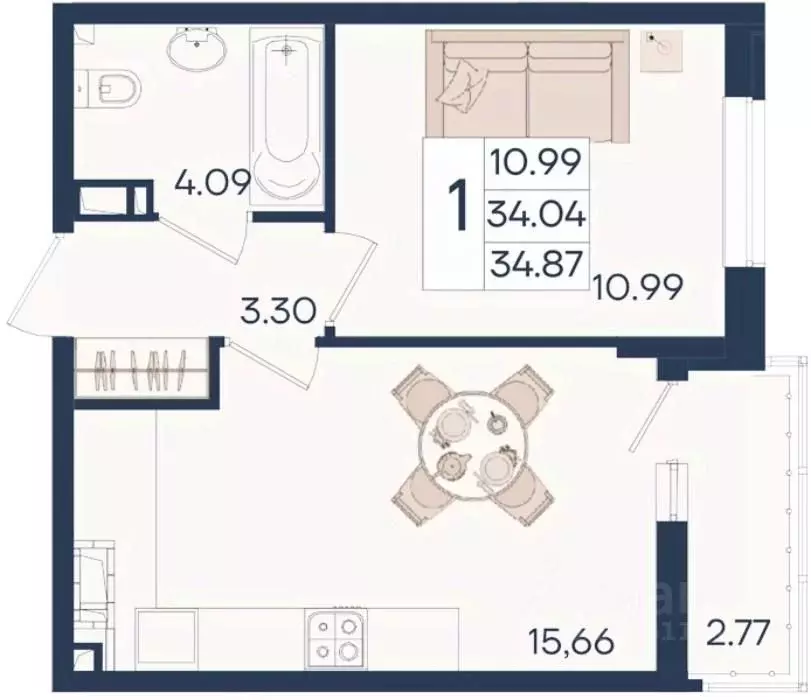 1-к кв. Краснодарский край, Краснодар  (34.87 м) - Фото 0