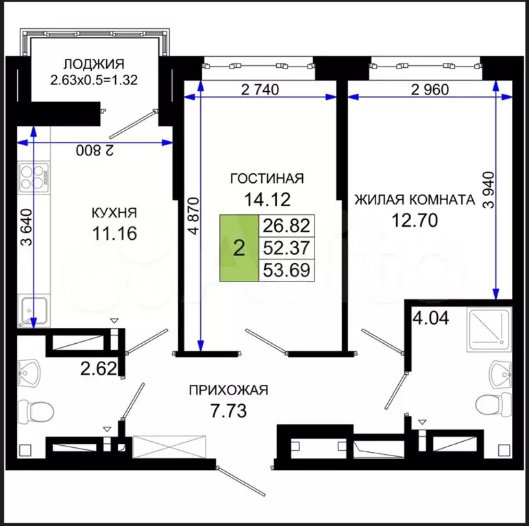 2-к. квартира, 53,7 м, 13/25 эт. - Фото 1