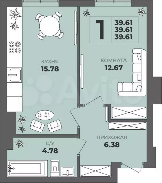 1-к. квартира, 39,6 м, 1/8 эт. - Фото 1
