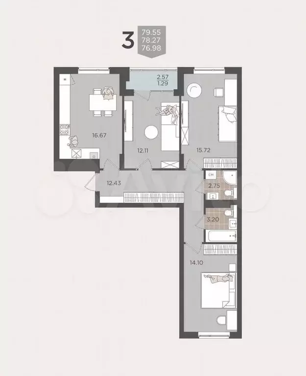 3-к. квартира, 78,3 м, 2/9 эт. - Фото 1