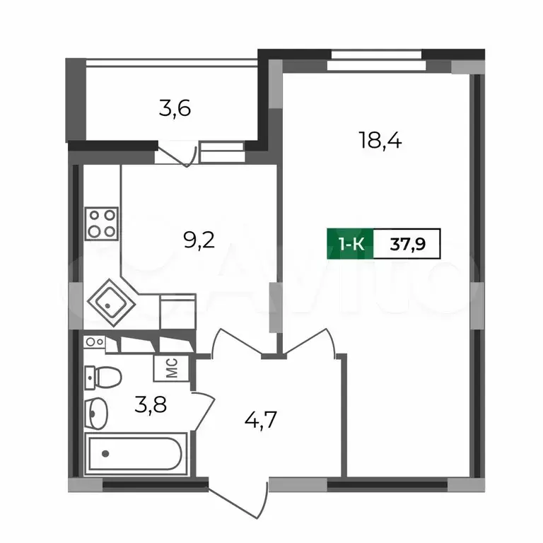 1-к. квартира, 37,9 м, 14/17 эт. - Фото 0