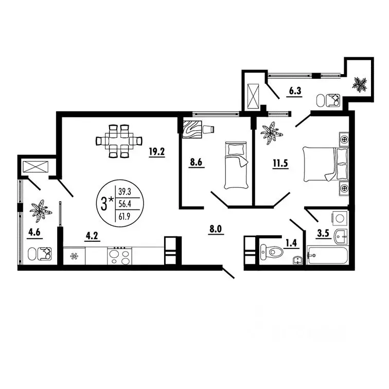 3-к кв. Ростовская область, Ростов-на-Дону Благодатная ул., 164 (61.9 ... - Фото 1