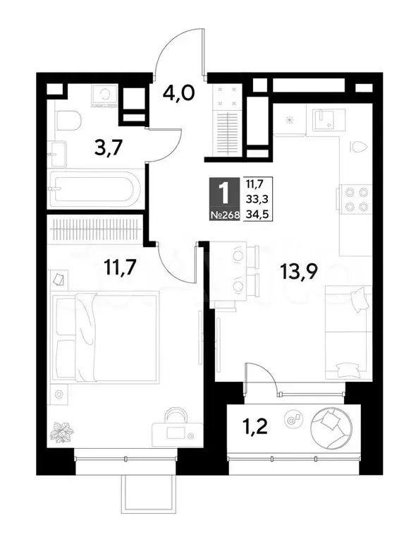 1-к. квартира, 34,5 м, 2/21 эт. - Фото 0