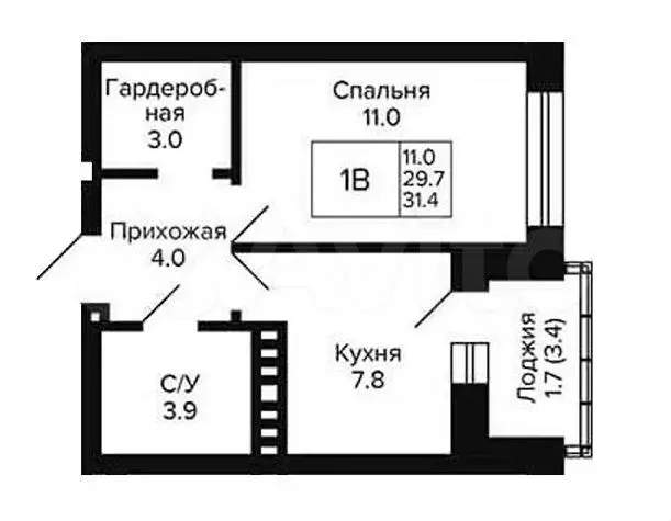 1-к. квартира, 31,4 м, 8/11 эт. - Фото 0