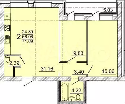 2-к. квартира, 71,1 м, 1/3 эт. - Фото 0