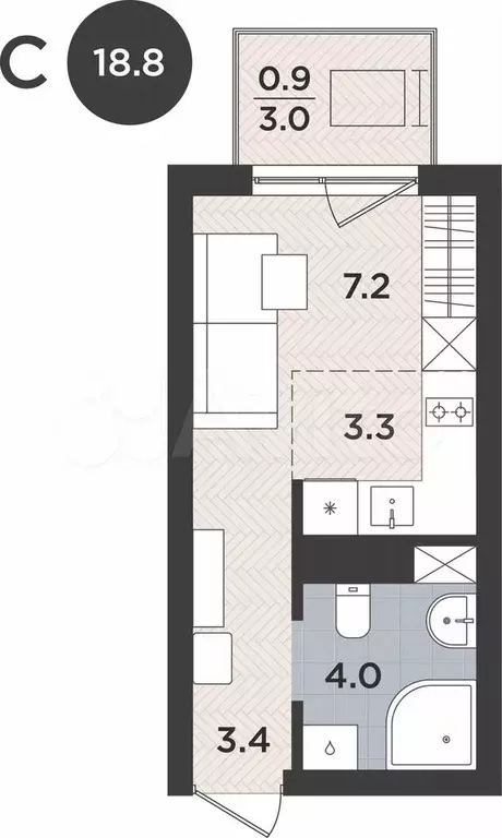 1-к. квартира, 18,8 м, 4/9 эт. - Фото 1