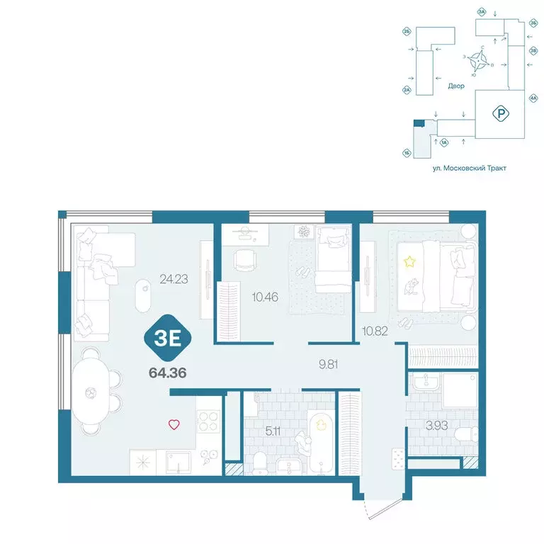 3-комнатная квартира: Тюмень, жилой комплекс Сибирский (64.36 м) - Фото 1