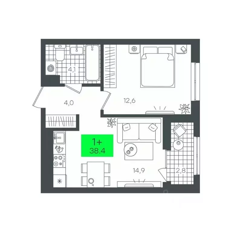1-к кв. Тюменская область, Тюмень Комарово Парк жилрайон,  (38.4 м) - Фото 1