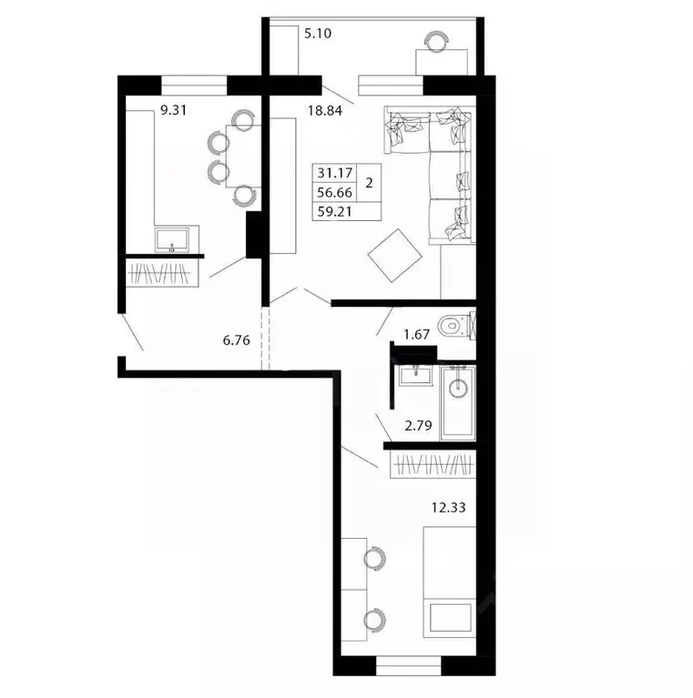 2-к кв. Новосибирская область, Обь Геодезическая ул., 76 (59.0 м) - Фото 1