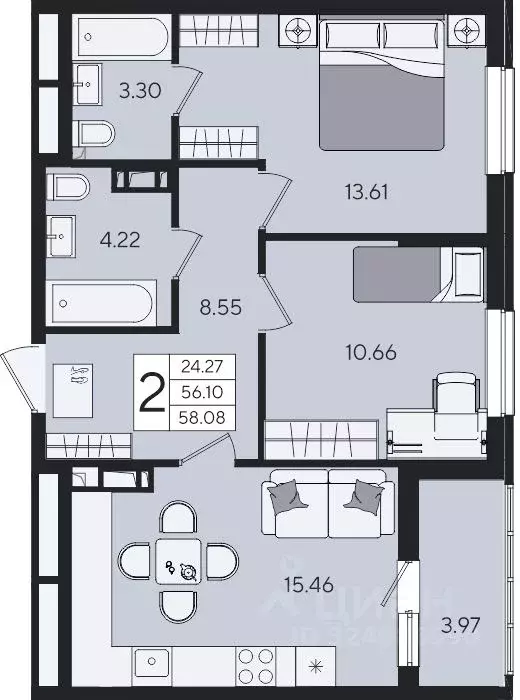 2-к кв. Краснодарский край, Краснодар  (58.08 м) - Фото 2