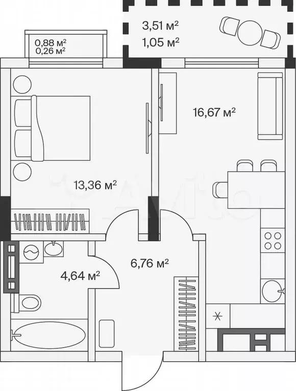 1-к. квартира, 42,7 м, 7/7 эт. - Фото 1