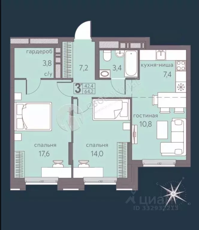 2-к кв. Пермский край, Пермь ул. Серебристая, 5 (64.2 м) - Фото 1