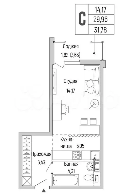 Квартира-студия, 31,8 м, 9/9 эт. - Фото 0