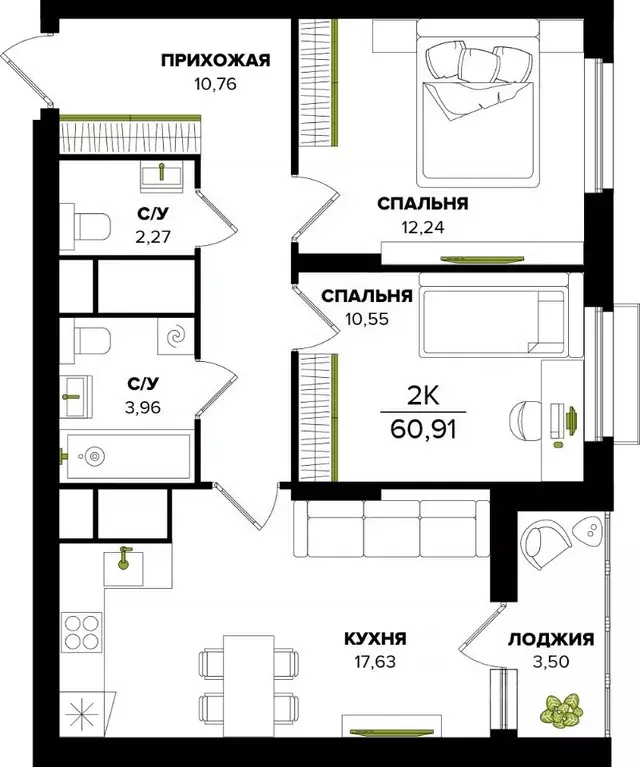 2-к кв. Тульская область, Тула  (60.91 м) - Фото 0