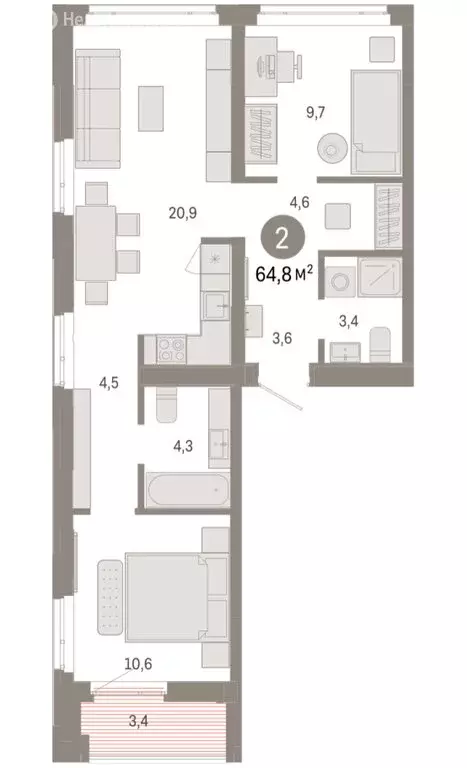 2-комнатная квартира: Тюмень, улица Республики, 205к3 (64.77 м) - Фото 2
