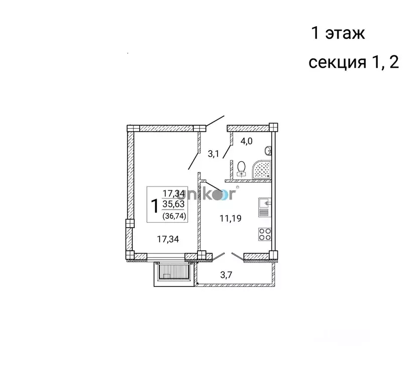 1-к кв. Воронежская область, Воронеж Цимлянская ул., 10В (36.7 м) - Фото 0