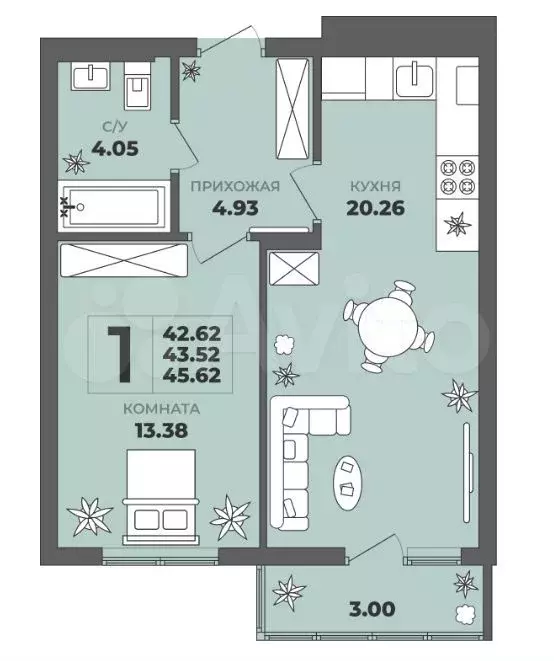 1-к. квартира, 43,5 м, 2/9 эт. - Фото 1