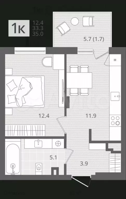 1-к. квартира, 35 м, 1/7 эт. - Фото 1