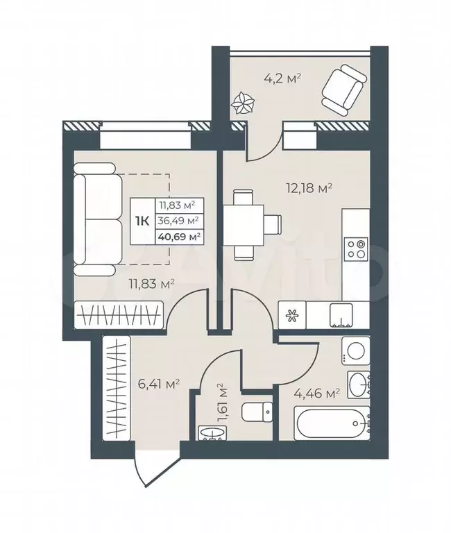 1-к. квартира, 40,7 м, 7/8 эт. - Фото 0