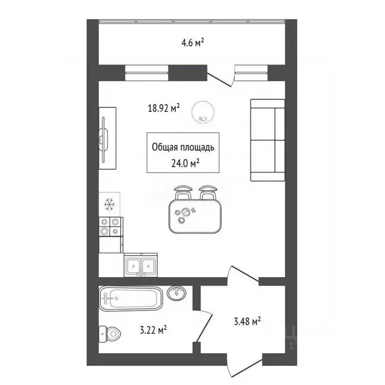 Студия Новосибирская область, Новосибирск Воскресная ул., 54 (24.0 м) - Фото 2