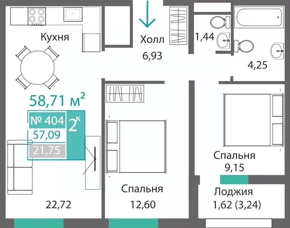 2-к кв. Крым, Симферополь Крымская роза мкр,  (58.71 м) - Фото 0