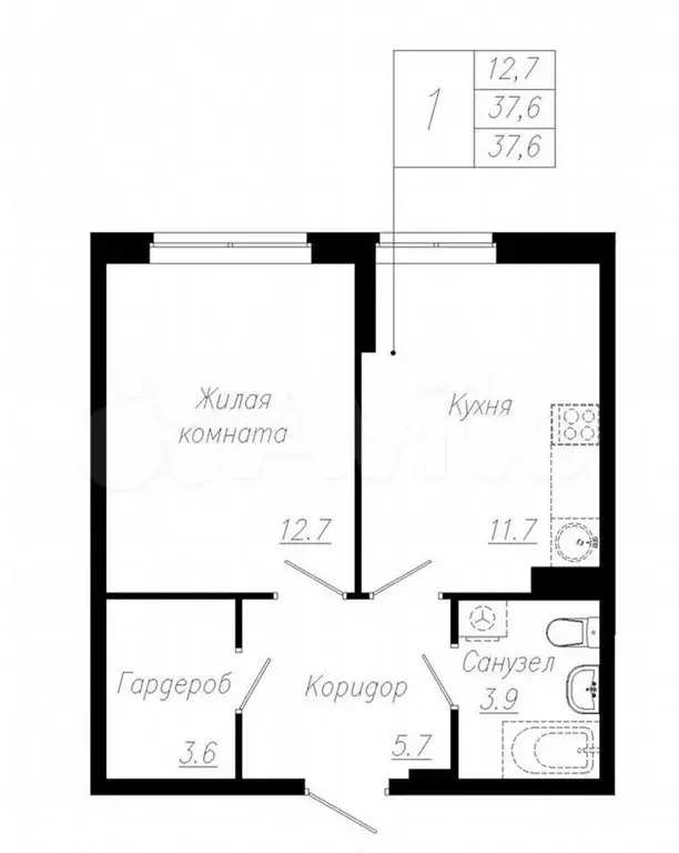 1-к. квартира, 37 м, 3/12 эт. - Фото 0