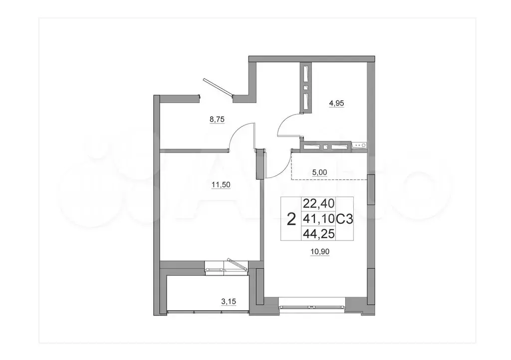 2-к. квартира, 44,8 м, 2/17 эт. - Фото 1