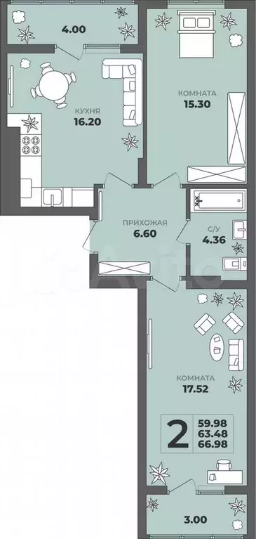 2-к. квартира, 67 м, 3/8 эт. - Фото 1