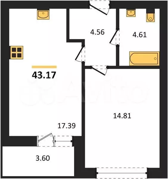 1-к. квартира, 43,2 м, 1/9 эт. - Фото 1