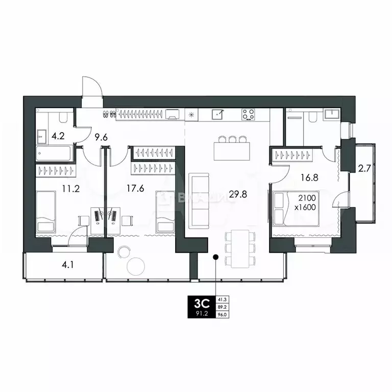 3-к. квартира, 91,2 м, 11/16 эт. - Фото 0