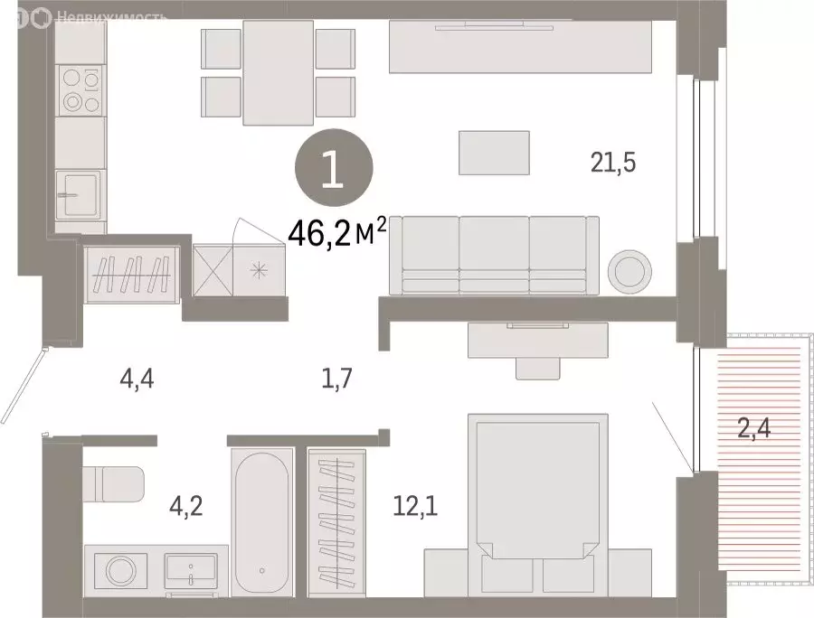 1-комнатная квартира: Тюмень, Мысовская улица, 26к2 (46.19 м) - Фото 1