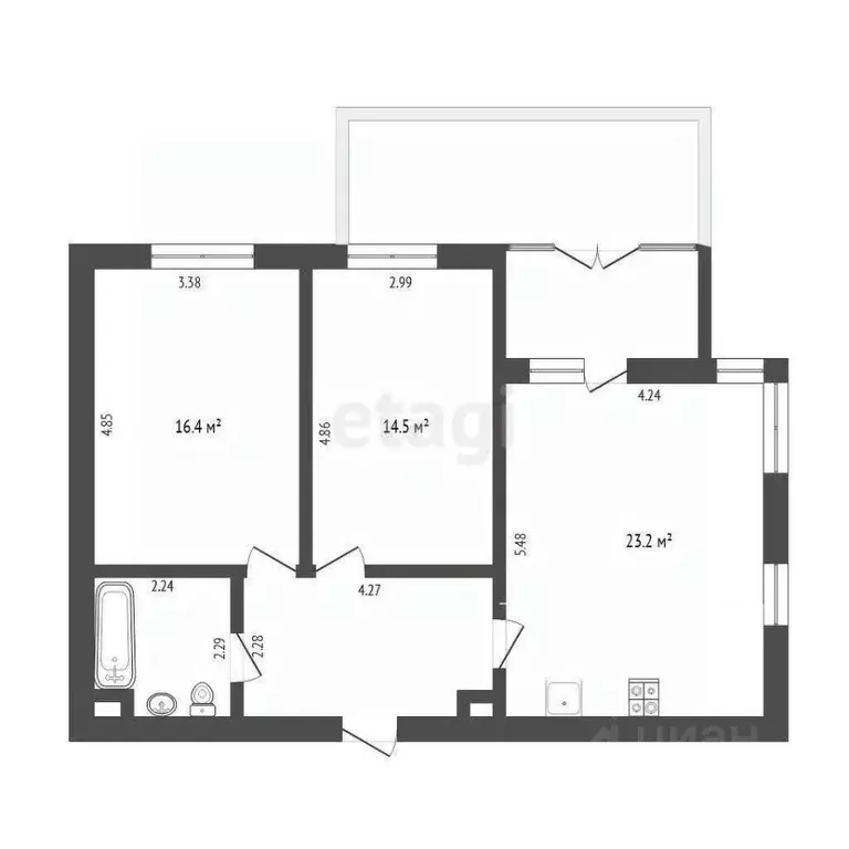 2-к кв. Тюменская область, Тюмень ул. Федюнинского, 30к6 (68.1 м) - Фото 1
