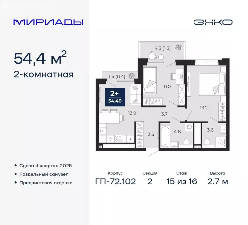 2-комнатная квартира: Тюмень, Ленинский округ (54.4 м) - Фото 0