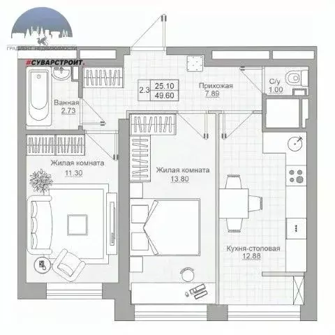 2-к кв. Татарстан, Казань ул. Рауиса Гареева, 105Б (50.0 м) - Фото 2