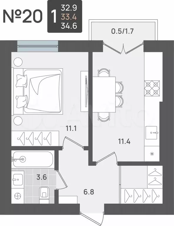 1-к. квартира, 33,4 м, 3/5 эт. - Фото 0